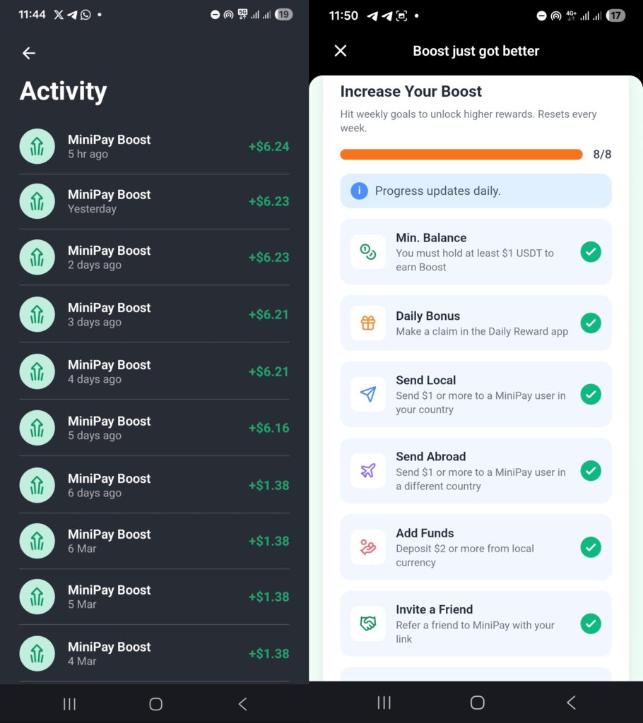 Minipay Boost, Minipay Boost Daily Reward